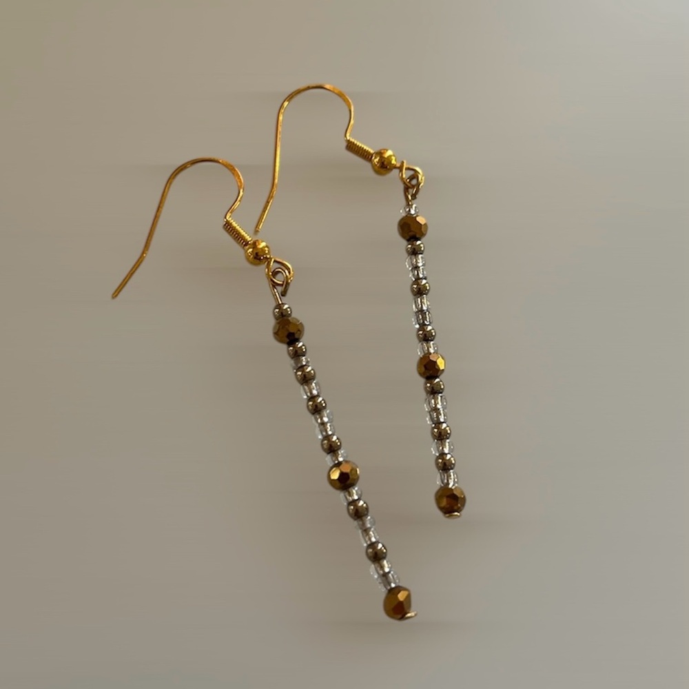 Gold Silver Beaded Crystal Drop Earrings in 18k Gold Plated Hook